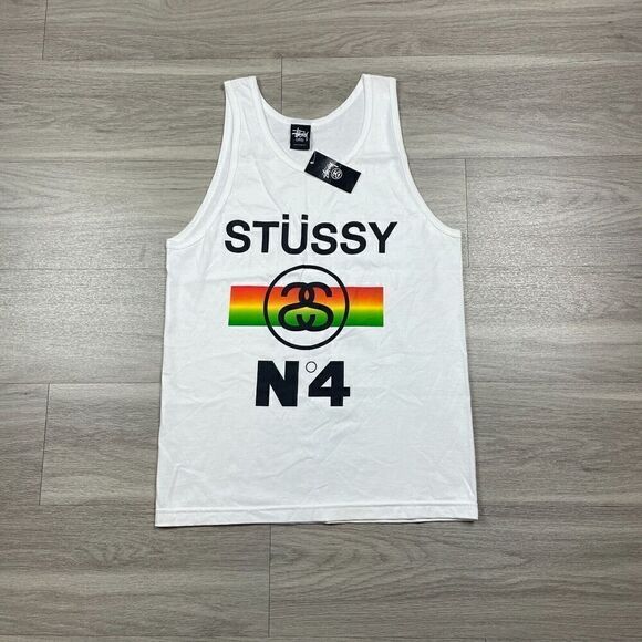 Stussy Tank Top Mens Small White Rasta Beach Surf Hype Striped - Picture 1 of 9